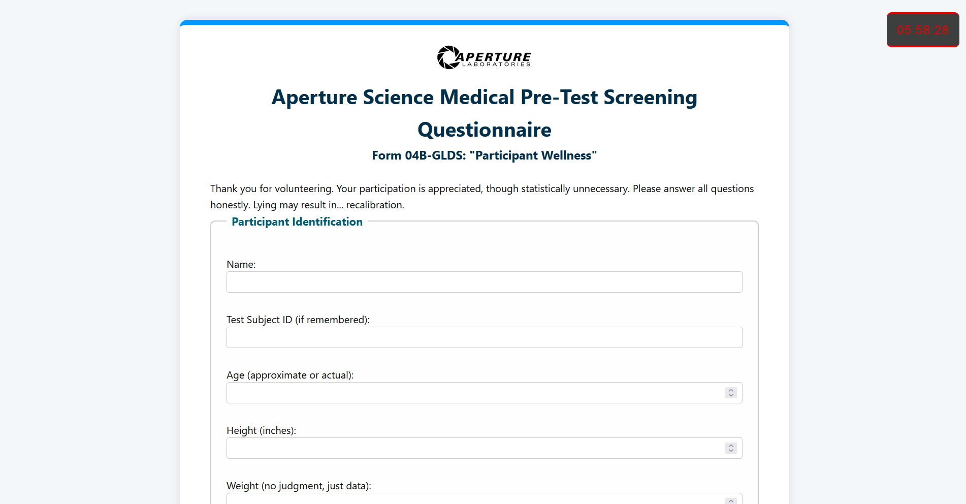 Aperture Labs Medical Questionaire Screenshot